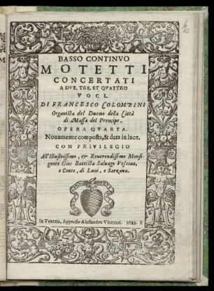 Francesco Colombini: Motetti concertati a due, tre, et quattro voci. Basso continuo