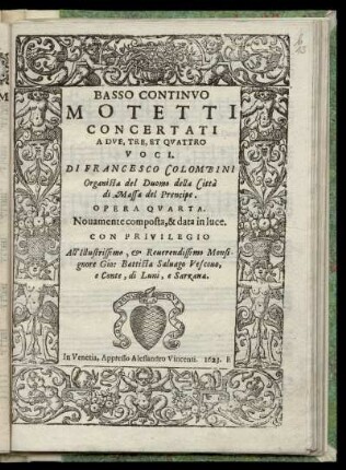 Francesco Colombini: Motetti concertati a due, tre, et quattro voci. Basso continuo