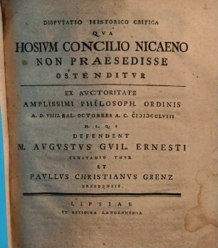 Disp. hist. crit. qua Hosium concilio Nicaeno non praesedisse ostenditur