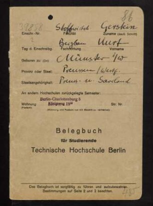 "Belegbuch" der Technischen Hochschule Berlin, 1929-1930.