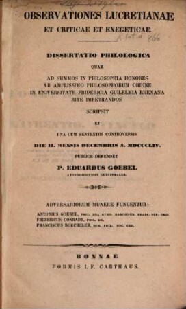 Observationes Lucretianae et cril. et exegeticae : Diss. philol. (inaug.)