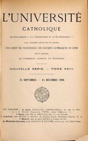 L' Université catholique. 23. 1896