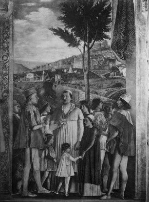 Ausmalung der Camera degli Sposi: Markgraf Lodovico III. Gonzaga trifft seinen zum Kardinal ernannten Sohn Francesco vor der Stadtvedute Roms