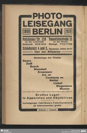 Werbung: Photo Leisegang Berlin, Großes Lager in Apparaten und Objektiven