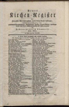 1786: Neues Kirchen-Register der Herzoglich Wirtembergischen Universitäts-Stadt Tübingen