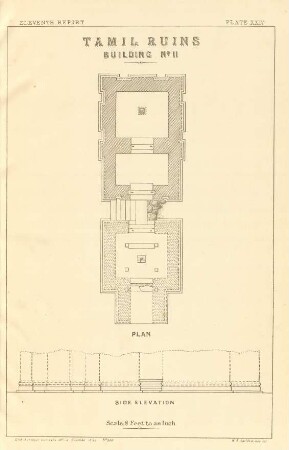 Plate XXIV. Tamil ruins. Building No. 11. Plan. Side elevation.