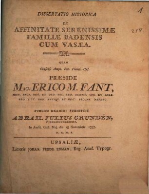 Diss. hist. de affinitate serenissimae familiae Badensis cum Vasaea