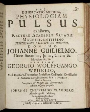Dissertatio Medica, Physiologiam Pulsus