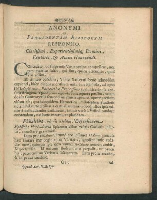 Anonymi Ad Praecedentem Epistolam Responsio. ...