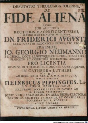 Disputatio Theologica Solennis, De Fide Aliena