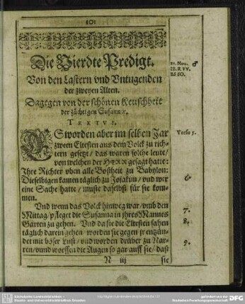 Die Vierdte Predigt. Von den Lastern und Untugenden der zweyen Alten. Dagegen von der schönen Keuschheit der züchtigen Susannae