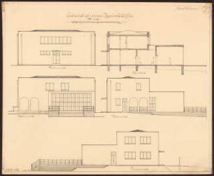 Gymnastikschule am See Monatskonkurrenz Dezember 1932: Aufriss Straßenansicht, Gartenansicht, 2 Seitenansichten, Längsschnitt 1:100; Maßstabsleiste