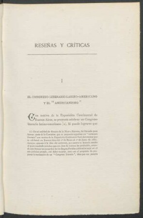I - El Congreso literatio latino-americano y el "americanismo"