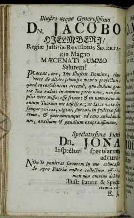 Illustri atque Generosissimo Dn. Jacobo Hjelmberg