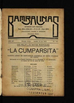 La cumparsita : sainete lírico de costumbres porteñas en cinco cuadros, en verso