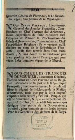 Quartier-General de Flavinnes, le 21 Novembre 1792, l'an prmeier de la Republique. Nous Cyrus Valence, Lieutenant-General des Armees Francoises ...