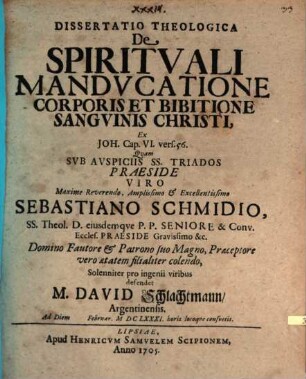 Diss. theol. de spirituali manducatione corporis et bibitione sanguinis