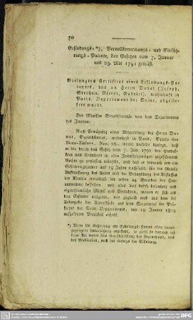Erfindungs-, Vervollkommnungs- und Einführungs-Patente, den Gesetzen vom 7. Januar und 25. Mai 1791 gemäß