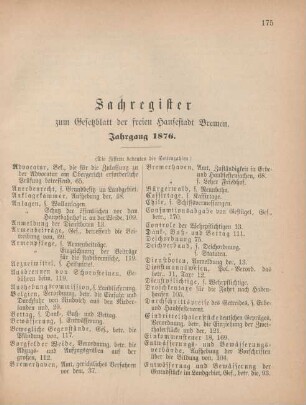 Sachregister zum Gesetzblatt der freien Hansestadt Bremen. Jahrgang 1876