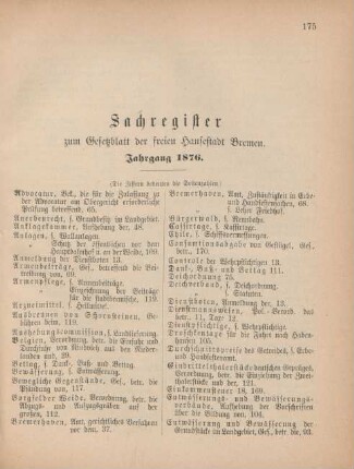 Sachregister zum Gesetzblatt der freien Hansestadt Bremen. Jahrgang 1876