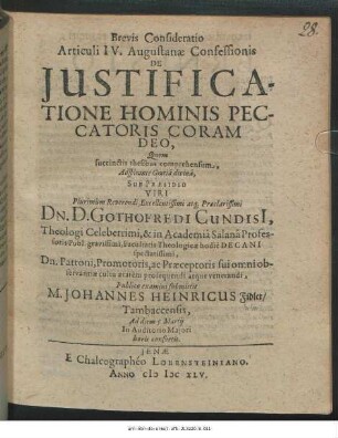 Brevis Consideratio Articuli IV. Augustanae Confessionis De Iustificatione Hominis Peccatoris Coram Deo