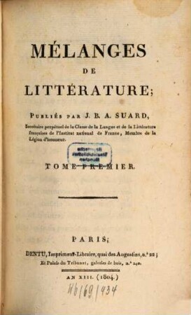 Mélanges de littérature, 4 = t. 1