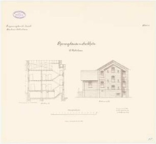 Pfarreigebäude, Sterbfritz: Wohnhaus: Querschnitt, Hinteransicht 1:100
