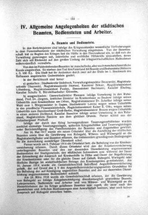 IV. Allgemeine Angelegenheiten der städtischen Beamten, Bediensteten und Arbeiter
