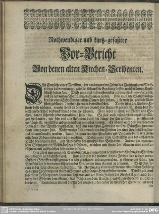 Nothwendiger und kurtz-gefaßter Vor-Bericht Von denen alten Kirchen-Scribenten