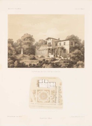 Gartenhaus der Villa Eichborn, Breslau: Grundriss, Perspektivische Ansicht (aus: Architektonisches Skizzenbuch, H. 29, 1857)