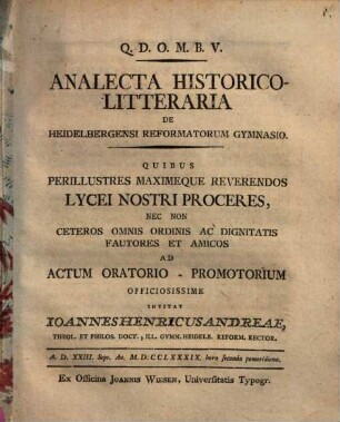 Analecta historico-litteraria de Heidelbergensi reformatorum gymnasio