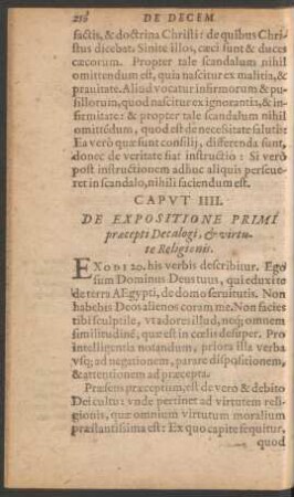 Caput IIII. De Expositione Primi praecepti Decalogi, et virtute Religionis.