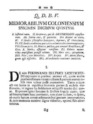 Q. D. B. V. MEMORABILIVM COLONIENSIVM SPECIMEN DECIMVM QVINTVM