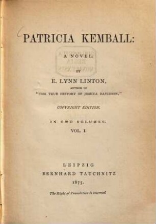 Patricia Kemball : a novel ; in 2 vol.. 1