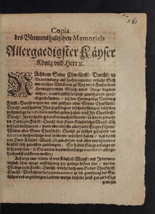 Copia des Blumenthalischen Memorials : [... Wien den 3. Iulii Anno 1651.]