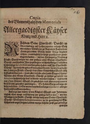 Copia des Blumenthalischen Memorials : [... Wien den 3. Iulii Anno 1651.]