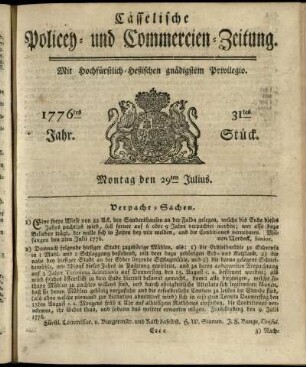 31tes Stueck, Montag den 29ten Julius 1776