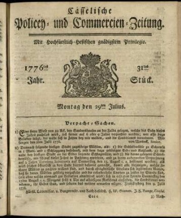 31tes Stueck, Montag den 29ten Julius 1776
