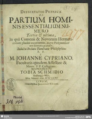 Dissertatio Physica De Partium Hominis Essentialium Numero Tertia & ultima