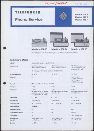 Bedienungsanleitung: Telefunken Phono-Service für Musikus 108 Z, Musikus 108 S und Musikus 108 V
