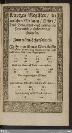 Kurtzes Register, in welchen Psalmen, Lehre, Trost, Gebet, Danck- und weissagung, fürnemlich zu suchen und zu finden sey
