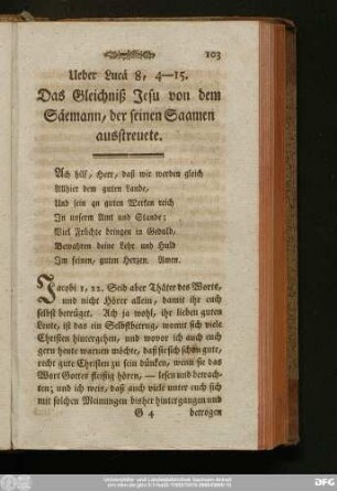 Ueber Lucä 8, 4 - 15. Das Gleichniß Jesu von dem Säemann, der seinen Saamen ausstreuete.