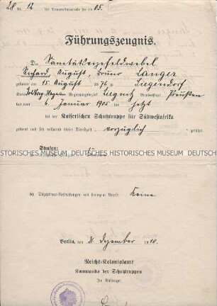 Führungszeugnis des Kommandos der Schutztruppen im Reichskolonialamt für den Sanitätsvizefeldwebel Richard Langer