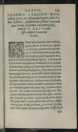 Oratio Joannis Saxonii Hattestedij Oratio de observandis legibus