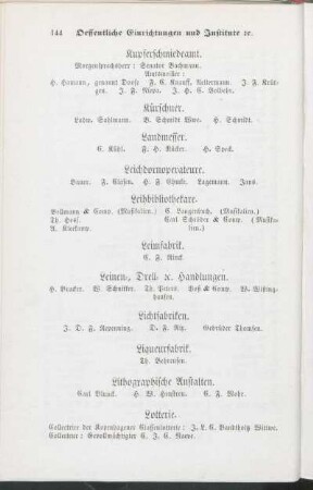 Leichdornoperateure. Leihbibliothekare. Leimfabrik. Leinen-, Drell- [et]c. Handlungen. Lichtfabriken. Liqueurfabrik. Lithographische Anstalten. Lotterie.