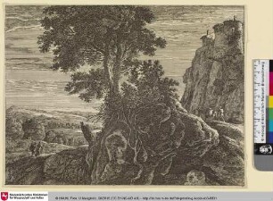 [Berglandschaft mit Wanderern und Lastentier]