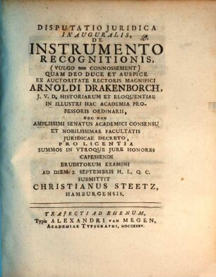 Disp. iur. inaug. de instrumento recognitionis [vulgo vom Connossement]