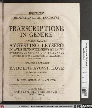 Specimen Meditationvm Ad Pandectas De Praescriptione In Genere