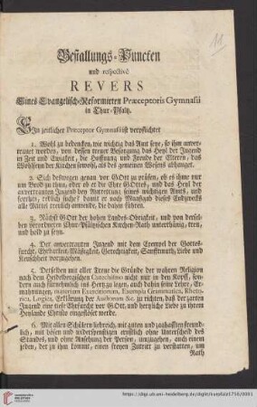 Bestallungs-Puncten und respectivè Revers Eines Evangelisch-Reformirten Rectoris Gymnasii in Chur-Pfaltz