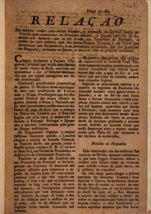 Relaçaõ Das noticias vindas pelo ultimo Paquete, a nomeção do General Duque de Victoria para commandar os Exercitos alliados ...